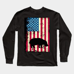 Hippopotamus American Flag USA Patriotic 4th Of July Gifts Long Sleeve T-Shirt